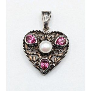 Signed HT Sterling Silver Pink Teardrop Gemstone Pearl Heart Enhancer Pendant